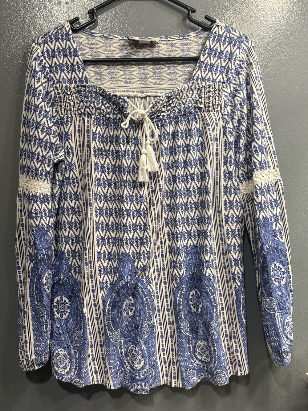 Vintage America Blue & White Printed Peasant Tunic Casual Streetwear Lightweight